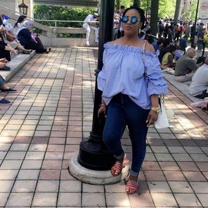 Blue and white stripped Off the shoulder top